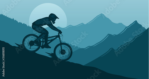 Vector downhill mountain biking illustration with rider on a bike and wild nature landscape. Downhill, enduro, cross-country biking banner