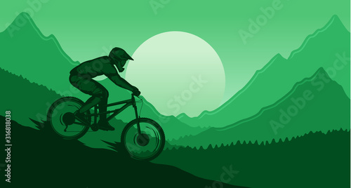 Vector downhill mountain biking illustration with rider on a bike and wild nature landscape. Downhill, enduro, cross-country biking banner