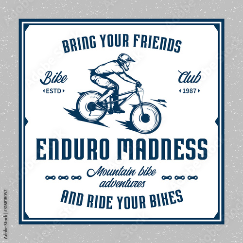 Vector downhill mountain biking badge, logo, label with rider on a bike. Downhill, enduro, cross-country biking illustration