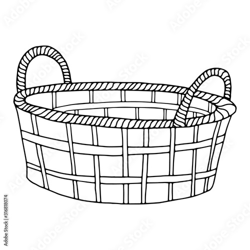 Hand-drawn wicker basket isolated on a white background.Oval high basket for a picnic, for collecting mushrooms and berries, for Easter, for a holiday in nature,for animals.Vector