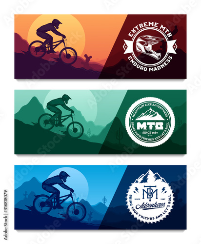 Set of vector downhill mountain biking banners with rider on a bike and desert wild nature landscape with cacti, desert herbs and mountains. Downhill, enduro, cross-country biking illustration