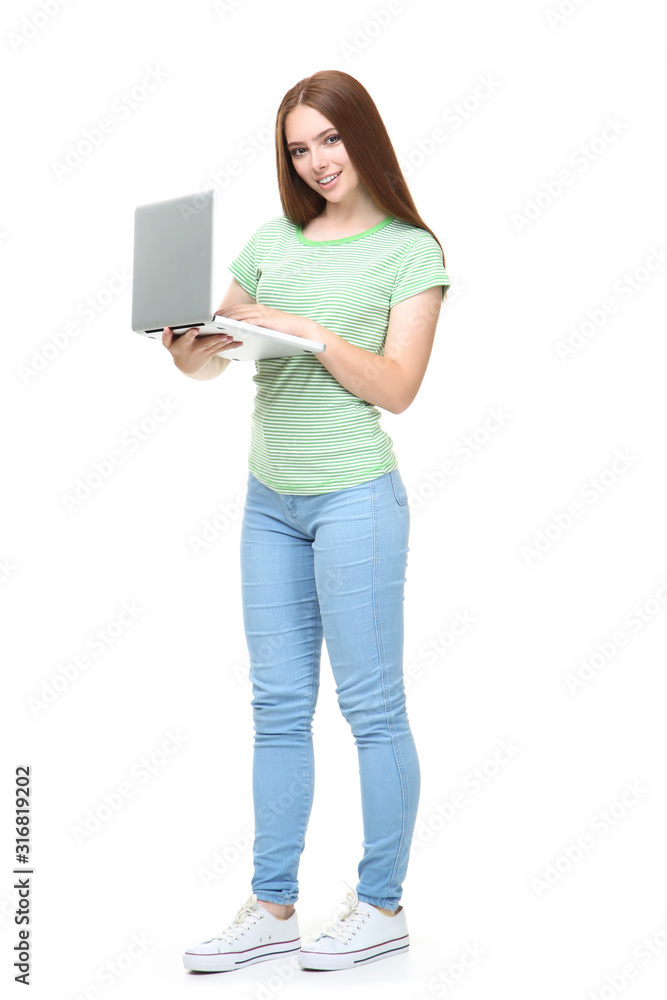 Young woman using laptop computer on white background Young woman using laptop computer on white background