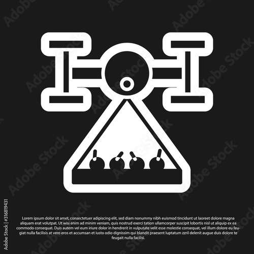 Black Smart farm with drone control collects harvest icon isolated on black background. Innovation technology for agricultural company. Vector Illustration