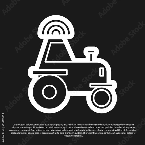 Black Self driving wireless tractor on a smart farm icon isolated on black background. Smart agriculture implement element. Vector Illustration
