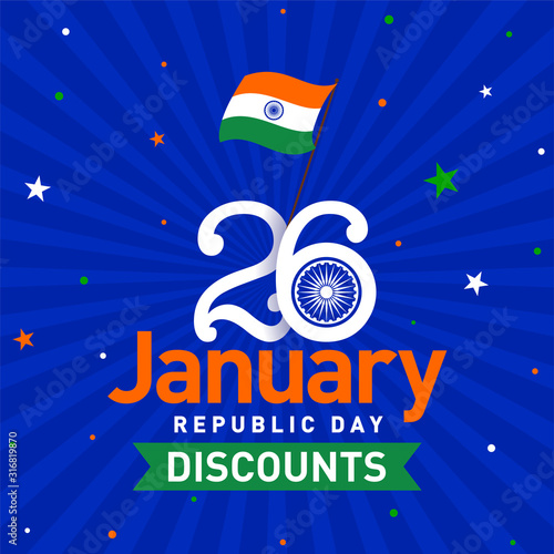 26th January Indian Republic Day discounts Concept, Template, Banner, Logo Design, Icon, Poster, Unit, Label, Web Header, Mnemonic with Celebration in royal blue Rays Background - Vector, illustration