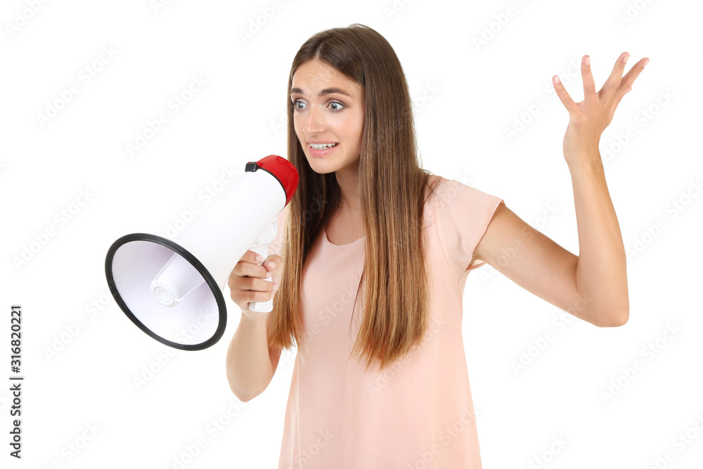 Young woman with megaphone on white background Young woman with megaphone on white background