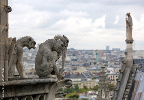 statue on th Notre Dame in Paris cathedral while observing the c