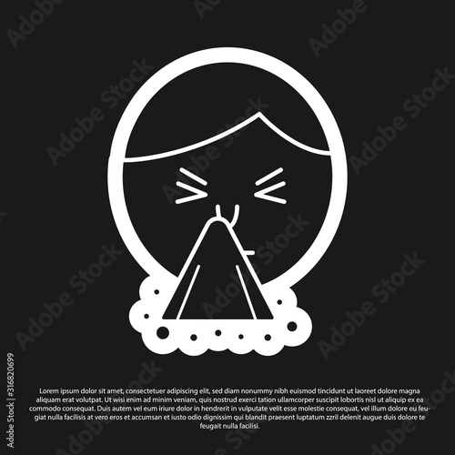 Black Man holding handkerchief or napkin to his runny nose icon isolated on black background. Coryza desease symptoms. Vector Illustration
