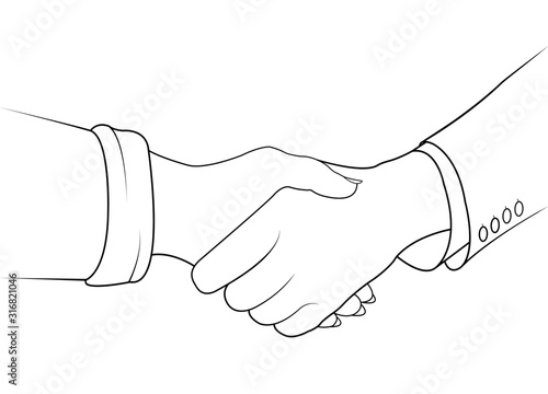  handshake of man and woman, partnership in business, greeting. Vector illustration black outline isolated on white background.