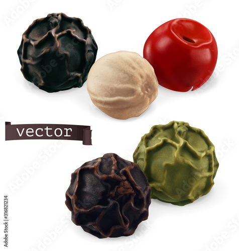 Black, white, green, pink pepper. Peppercorn close-up. 3d realistic vector illustration