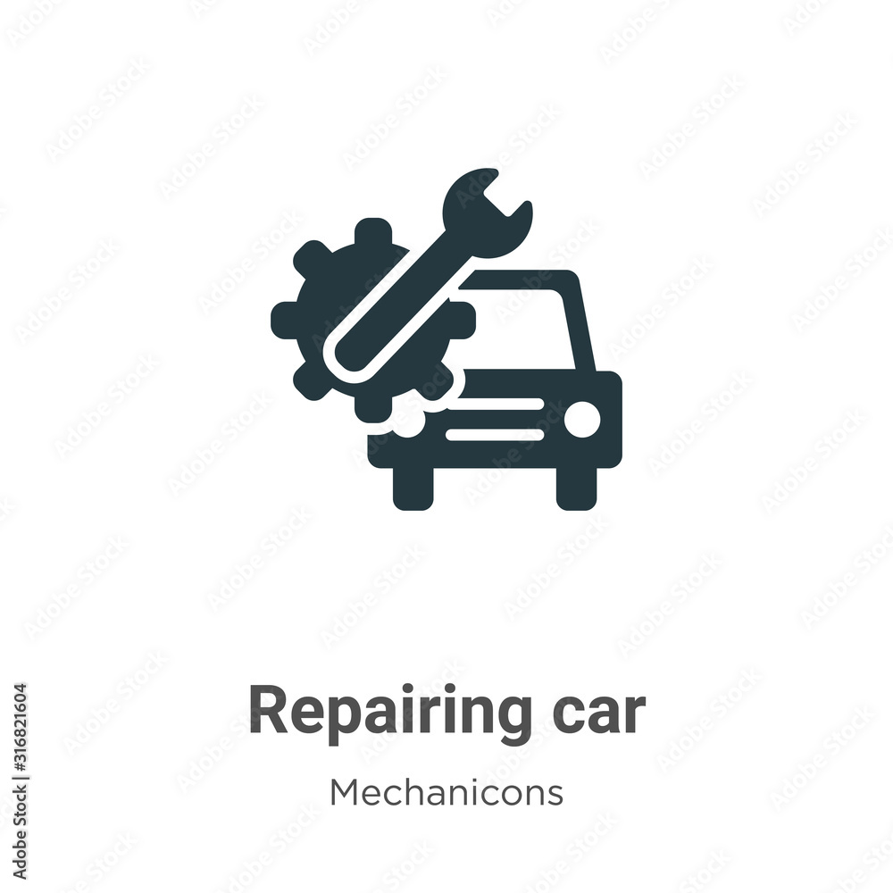 Repairing car glyph icon vector on white background. Flat vector repairing car icon symbol sign from modern mechanicons collection for mobile concept and web apps design.