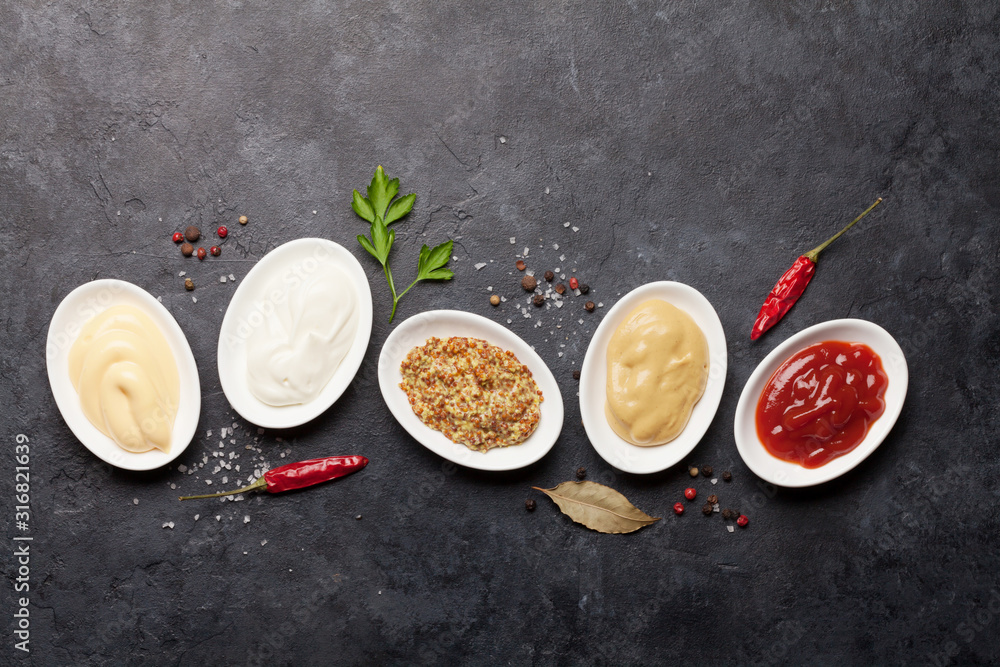 Set of various sauces. Popular sauces in bowls Set of various sauces. Popular sauces in bowls