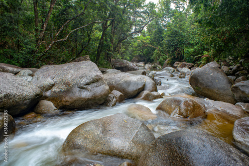 Josephine Falls and Fast Flowing Stream in rainforest at Wooroonooran National Park near Cairns, Queensland Australia. photo