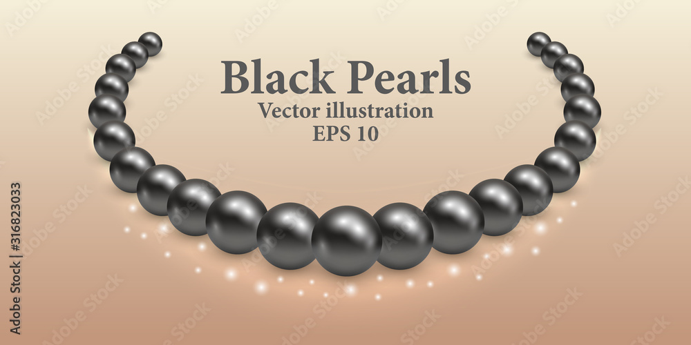 Obraz premium Black pearl necklace with light shiny effect and glowing sparkles. Luxury beauty design vector illustration.n vector illustration.