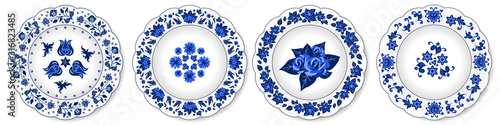 Porcelain plates ornate with floral pattern, blue on white. Set of decorative elements isolated. Traditional design in oriental Chinese style, flowers and leaves. Vector illustration