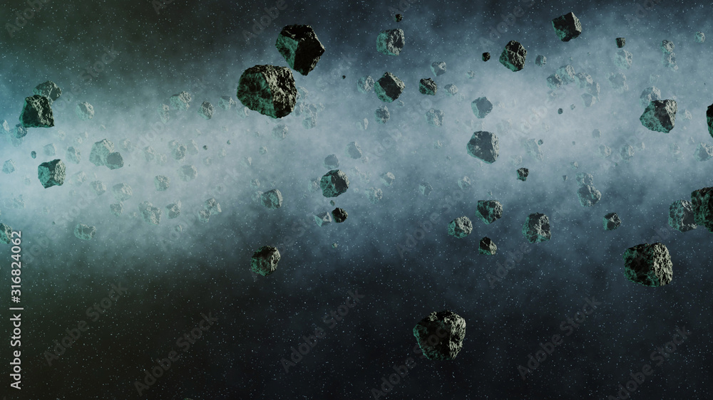 custom made wallpaper toronto digitalAsteroid belt 3D CGI Render in space, stars and sun flares in the background