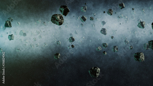 Wallpaper Mural Asteroid belt 3D CGI Render in space, stars and sun flares in the background Torontodigital.ca