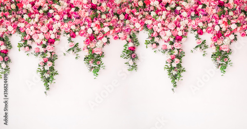 Fototapeta Naklejka Na Ścianę i Meble -  beautiful spring background for a banner, postcards with flowers roses peonies. Flower wall pink color