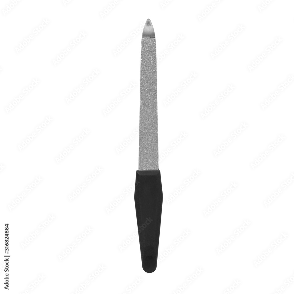 Metal nail file on a white background. Isolated. Manicure and pedicure tool. For beauty salon and online store. Metal nail file on a white background. Isolated. Manicure and pedicure tool. For beauty salon and online store.
