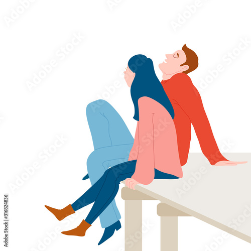 Cute romantic couple sitting on wooden dock, pier, relaxing together, enjoying the moment, flat vector illustration isolated on white background. Man and woman having a date, sitting at pier, relaxing