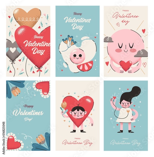 Valentines Day Cards collection. Cute holiday themed characters and situations. Vector