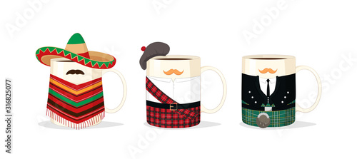 Vector set of cups and mugs in national costumes