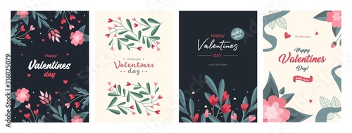 Set of Valentines Day Card Templates. Trendy Floral Style. Design with ornaments, hearts and ribbons