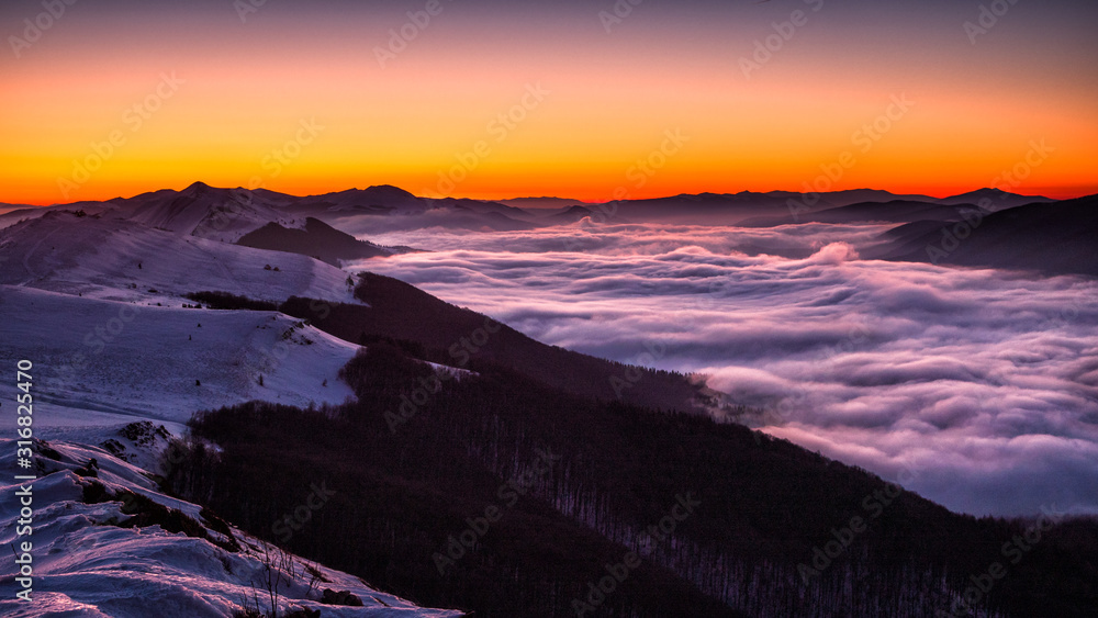 Splendid sunrise in the Carpathian Mountains. Polonina Wetlińska. Bieszczady National Park. Poland