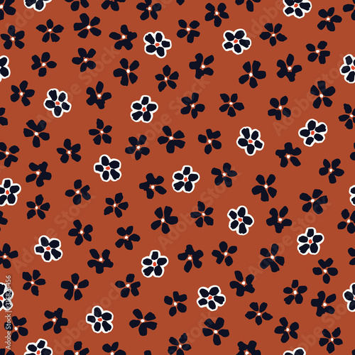 Monochrome abstract outlined white hand-drawn daisy flowers on brown background vector seamless pattern
