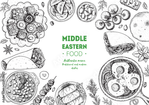 Middle eastern food top view frame. Food menu design with kebab, dolma, hummus, shakshouka and sweets. Vintage hand drawn sketch vector illustration.