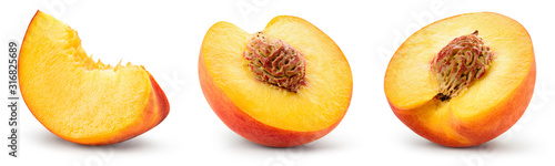 Peach slice isolated. Peach set. Peaches on white background. Collection. With clipping path.. photo