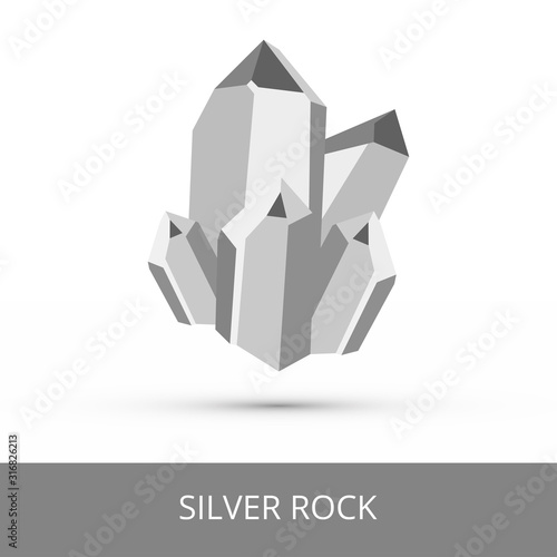 Vector mineralogy icon of silver rock stone  silver nugget or silver ore. Gray glittering crystalline stone or gemstone crystal with shadow isolated on a white background. Icon of expensive jewel.