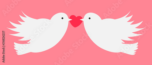 Two love birds holding one pink heart in their beaks