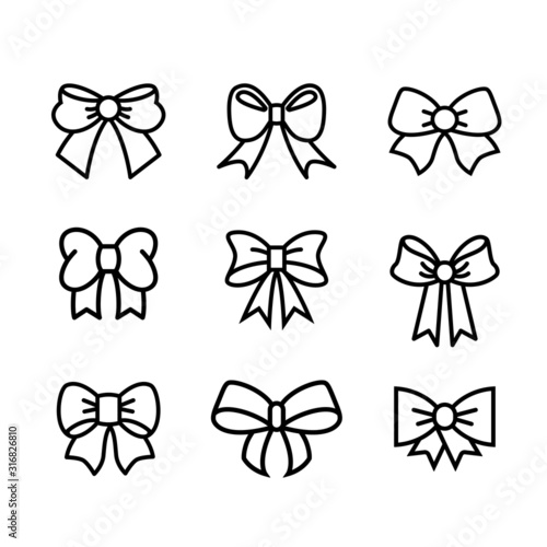 Ribbon Bow Icons set. Black gift bows silhouette. Template design for surprise, celebration event, presents, birthday, Christmas ribbons