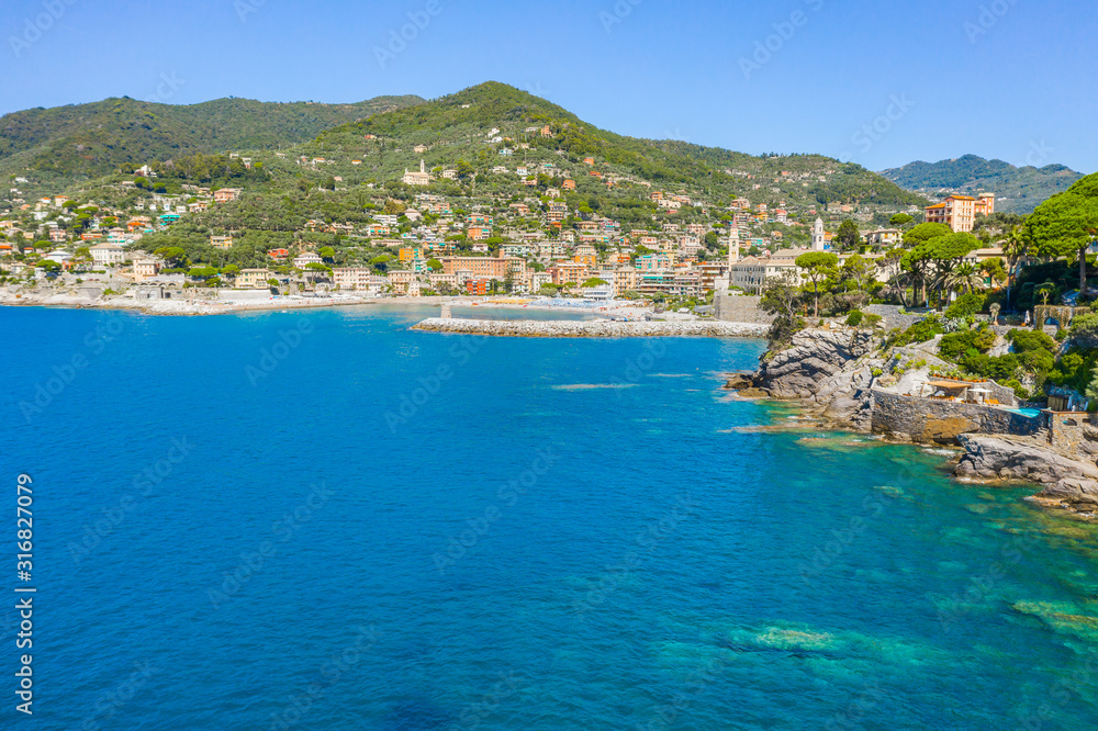 Rocky bay in Camogli, Italy. Aerial view on Adriatic seaside, liguria.