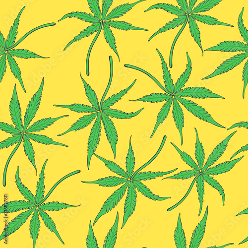 Bright Seamless Pattern with the Hemp Leaves