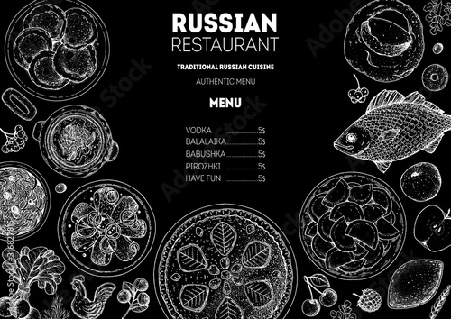 Russian cuisine top view frame. Food menu design elements. Traditional dishes. Russian food. Doodle collection. Vintage hand drawn sketch vector illustration. Menu background. Engraved style.