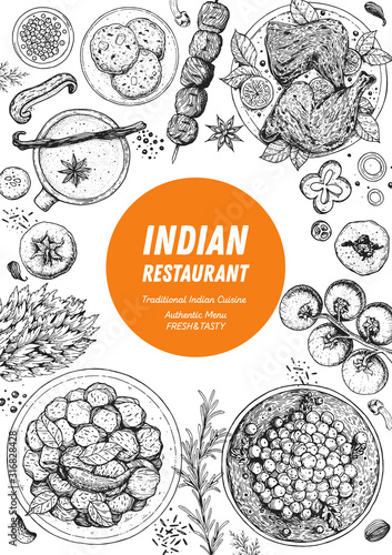 Indian food illustration. Hand drawn sketch. Vector illustration. Menu background.