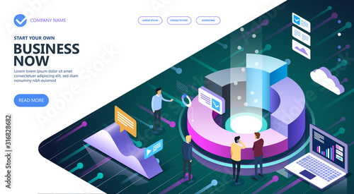 Business isometric people working together and developing a successful business strategy. Marketing and finance vector isometric concept.  Vector illustration