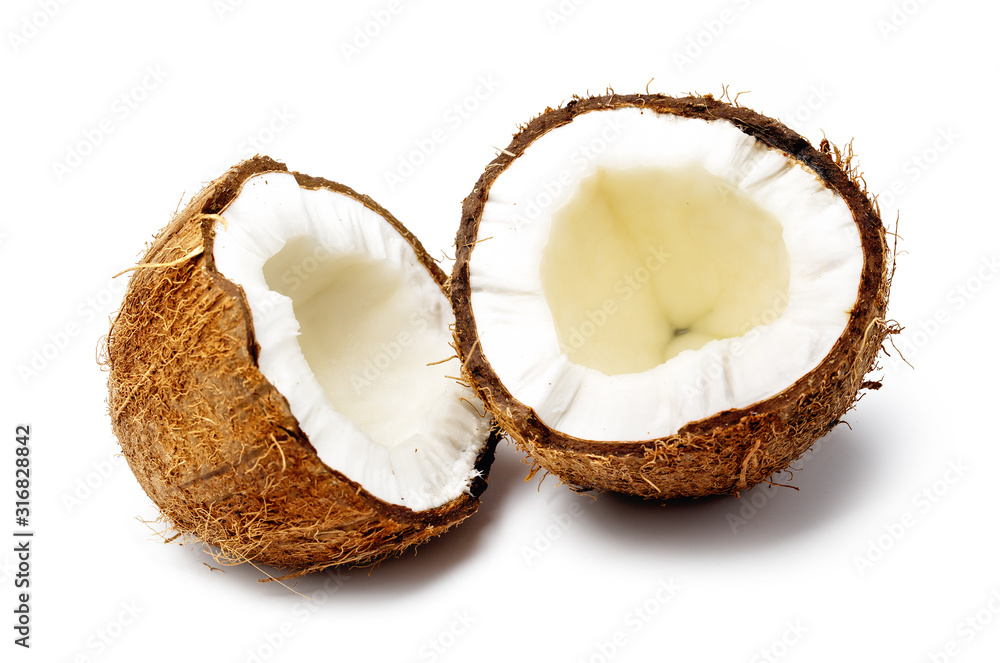Fresh Raw Coconut broken in half isolated on white background Fresh Raw Coconut broken in half isolated on white background