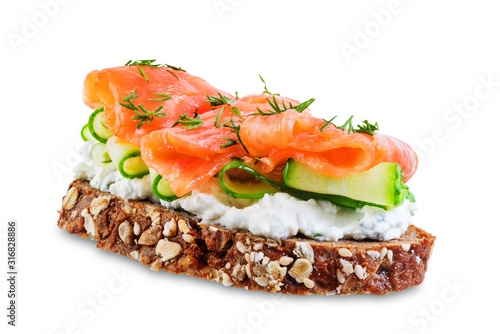 Smoked salmon ricotta cheese  rye sandwich on a white isolated background