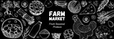Good food store design concept. Various food frame. Organic food illustration. Farmers market design elements. Hand drawn sketch.