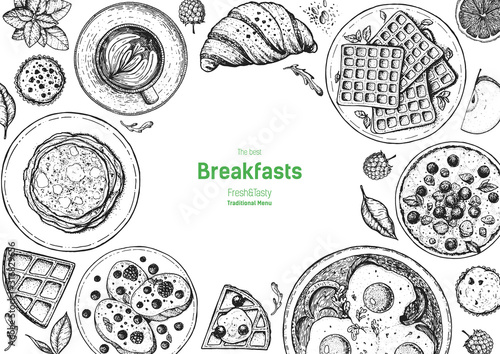 Breakfast top view frame. Morning food menu design. Breakfast dishes collection. Vintage hand drawn sketch, vector illustration. Engraved style.