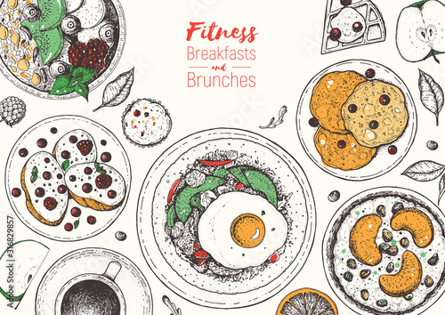 Breakfasts top view frame. Morning food menu design. Breakfast and brunches dishes collection. Vintage hand drawn sketch, vector illustration. Engraved style.