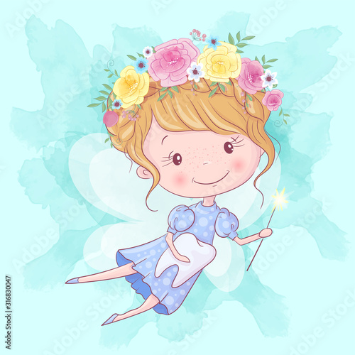 Cute cartoon tooth fairy with magic wand and tooth. Hand drawing