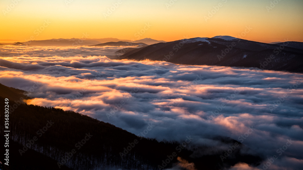 Fototapeta premium Splendid sunrise in the Carpathian Mountains. Bieszczady National Park. Poland.