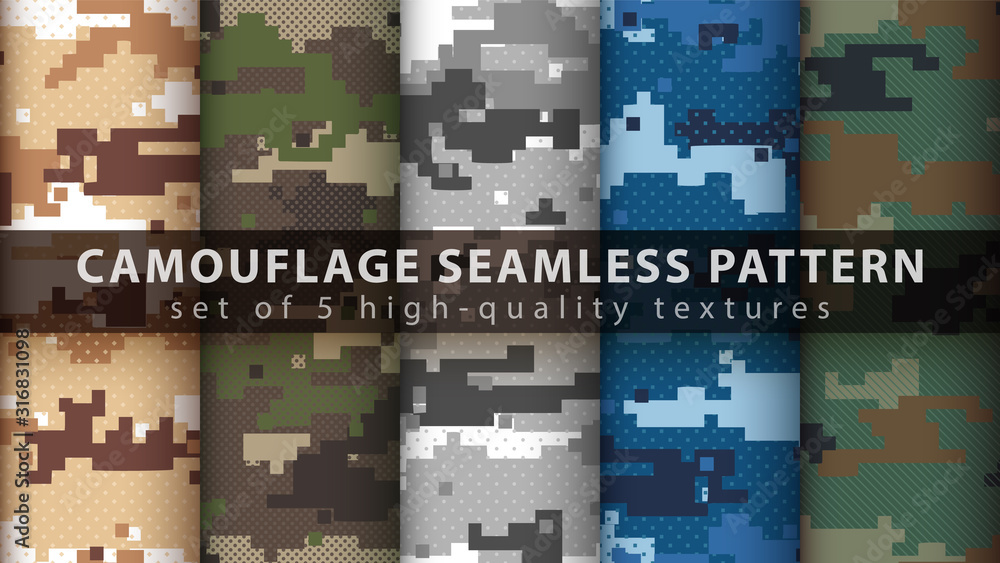Set pixel camouflage military seamless pattern