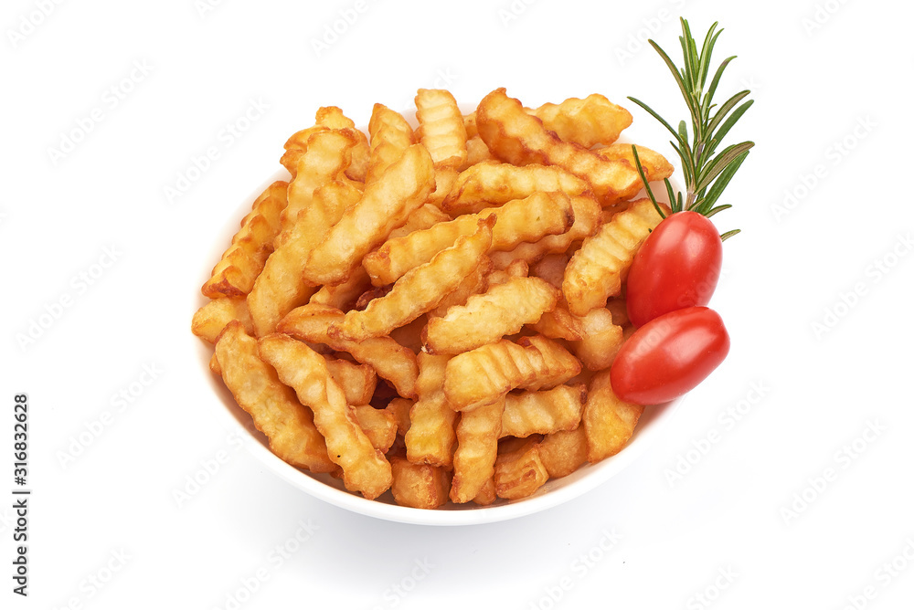 Fried French fries, potato fry, isolated on white background Fried French fries, potato fry, isolated on white background