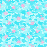 Repeated blue camouflage spots and flower. Cute romantic seamless pattern for girl, women, grandmother