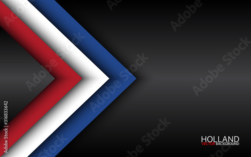 Modern vector overlayed arrows with Dutch colors and grey free space for your text, overlayed sheets of paper in the look of the Dutch flag, Made in Netherlands, abstract widescreen background